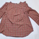 LOFT Plaid Ruffle Blouse Womens Small Rust Pink Cottagecore Long Sleeve Peasant