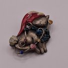 Vintage TC Signed Christmas Cat Brooch Green Rhinestone Eyes Red Enamel Hat