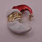 Vintage Crescent Moon Santa Claus Brooch Pendant Gold Tone Metal Enamel 2" LG