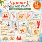 Vintage Postage Stamp PNGs, Ocean Life Digital Stickers, Hand Drawn