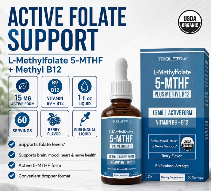 Triquetra L-Methylfolate 5-MTHF Liquid Drops, Methyl B12, Berry Flavor 1 fl oz