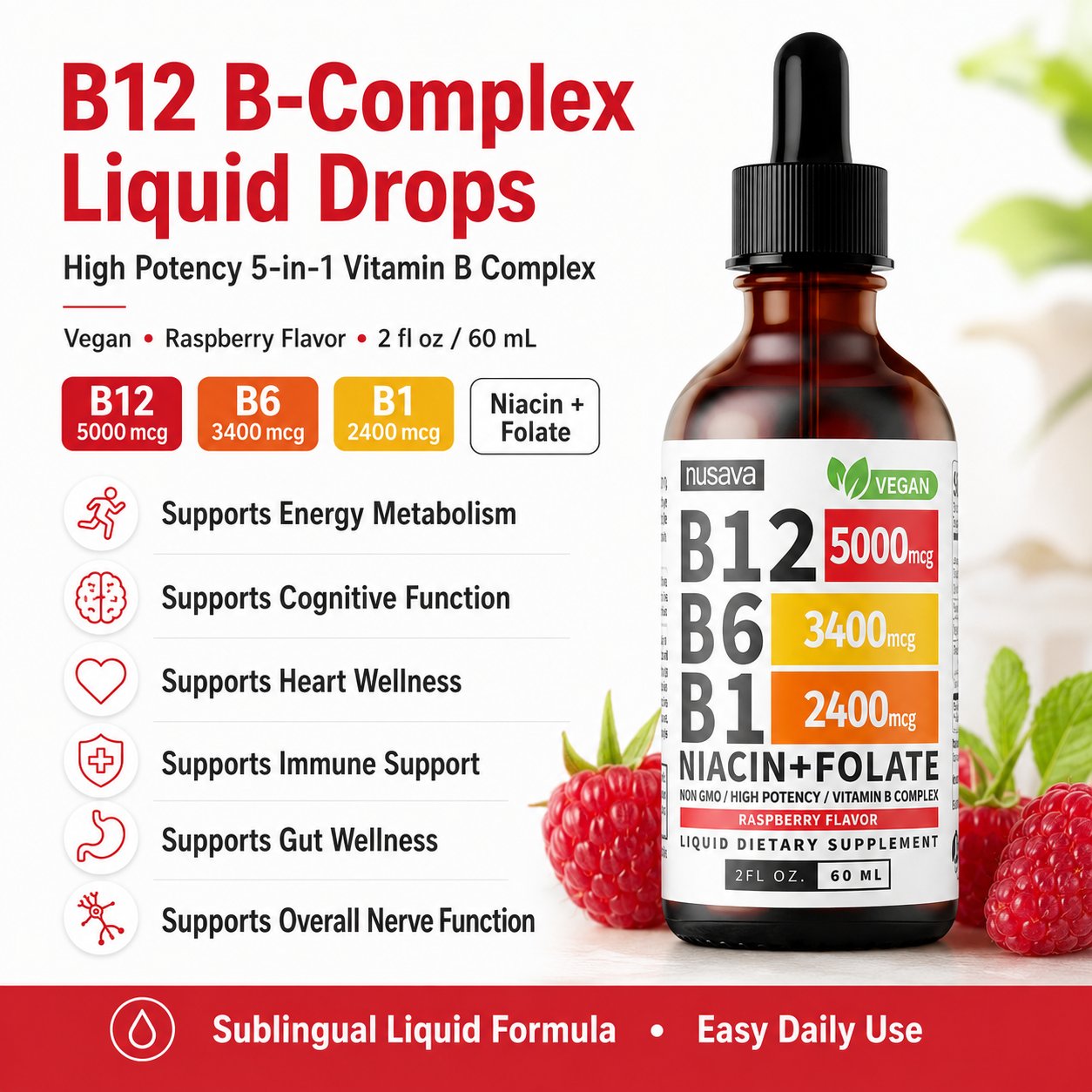 B12 B Complex Liquid Drops 5000mcg Sublingual Raspberry Vegan 2 fI oz