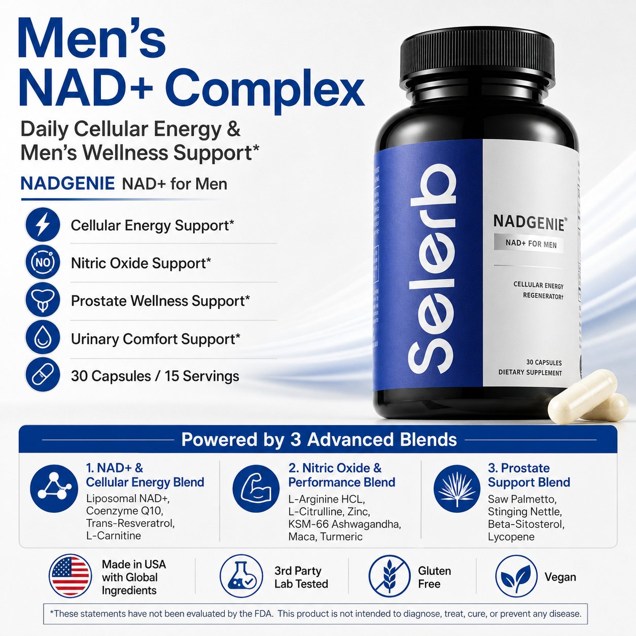 NAD+ Men's Complex Supplement Energy Prostate Nitric Oxide Support 30 Caps