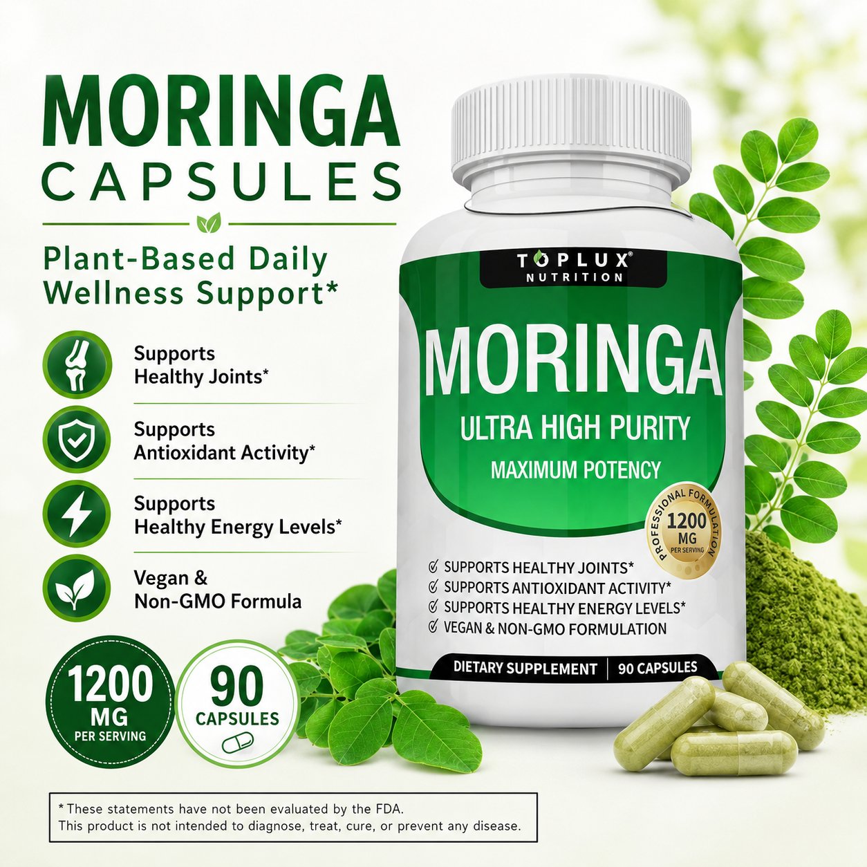 Moringa Oleifera Capsules 1200mg Leaf Supplement Vegan Non-GMO 90 Count