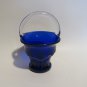 Vintage Cobalt Blue Glass Basket with Clear Handle – 6" Tall Scalloped Ruffled E