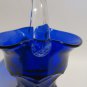 Vintage Cobalt Blue Glass Basket with Clear Handle – 6" Tall Scalloped Ruffled E