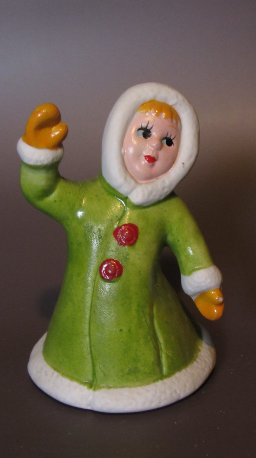 Vintage Ceramic Figural Bell &acirc;�� Waving Girl in Green Winter Coat