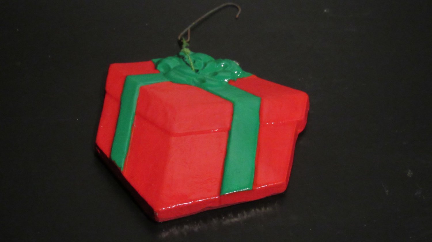 Vintage Handmade Ceramic Christmas Present Ornament - Red & Green Clay Gift Box