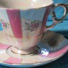 Vintage Enesco Pink Panels Rose Teacup Saucer Set - Mid Century Japan Lusterware