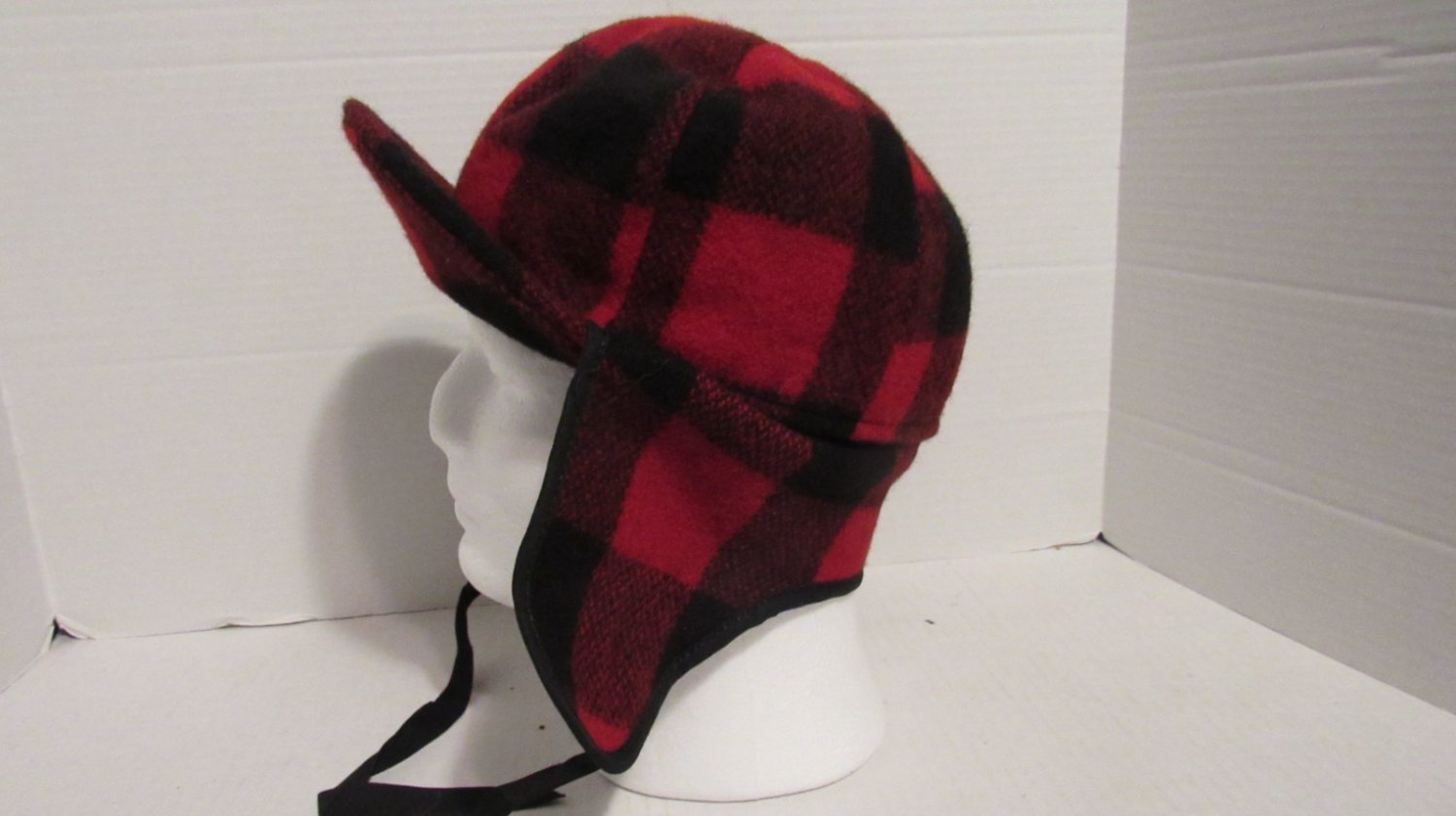 Buffalo Check Trapper Hat Ear Flaps and Ear Band Quilted Liner Wool Hat