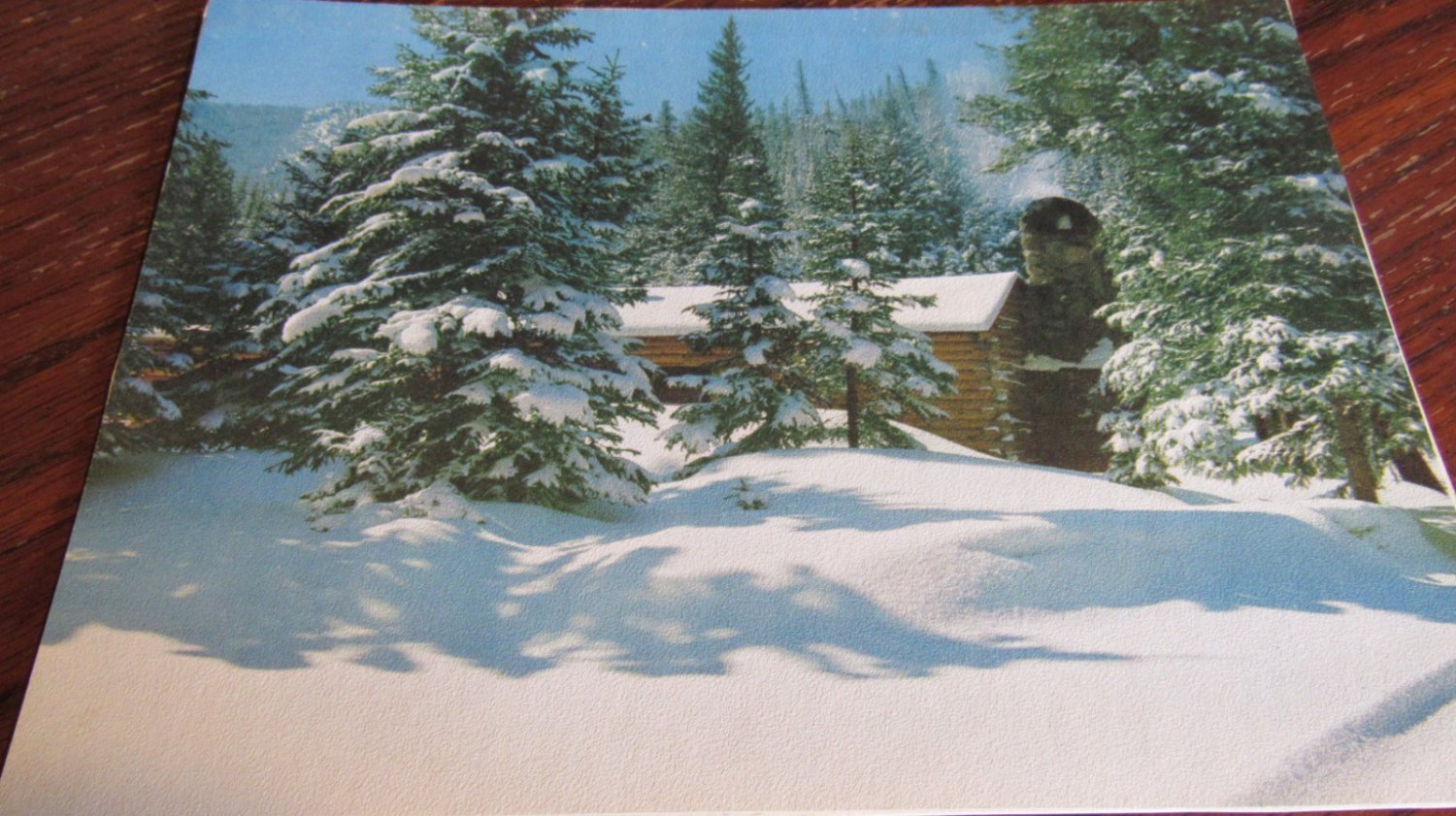 Mid-Century Style Winter Landscape Print - Snowy Evergreen & Log Cabin - 8x10