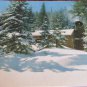 Mid-Century Style Winter Landscape Print - Snowy Evergreen & Log Cabin - 8x10
