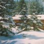Mid-Century Style Winter Landscape Print - Snowy Evergreen & Log Cabin - 8x10