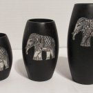Lot Of Three Black Vase Style Tea Light Holders With Silver Metal Elephants