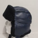 Trapper Hat Faux Leather & Fur With Ear Flaps And Snap Bill Quilted Liner Blue Trapper Hat Faux Leather & Fur With Ear Flaps And Snap Bill Quilted Liner Blue