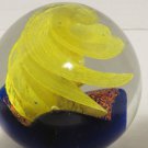 Large Vintage Glass Paperweight Round Clear With Blue Yellow And Orange Accents