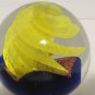 Large Vintage Glass Paperweight Round Clear With Blue Yellow And Orange Accents