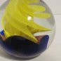 Large Vintage Glass Paperweight Round Clear With Blue Yellow And Orange Accents