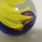 Large Vintage Glass Paperweight Round Clear With Blue Yellow And Orange Accents