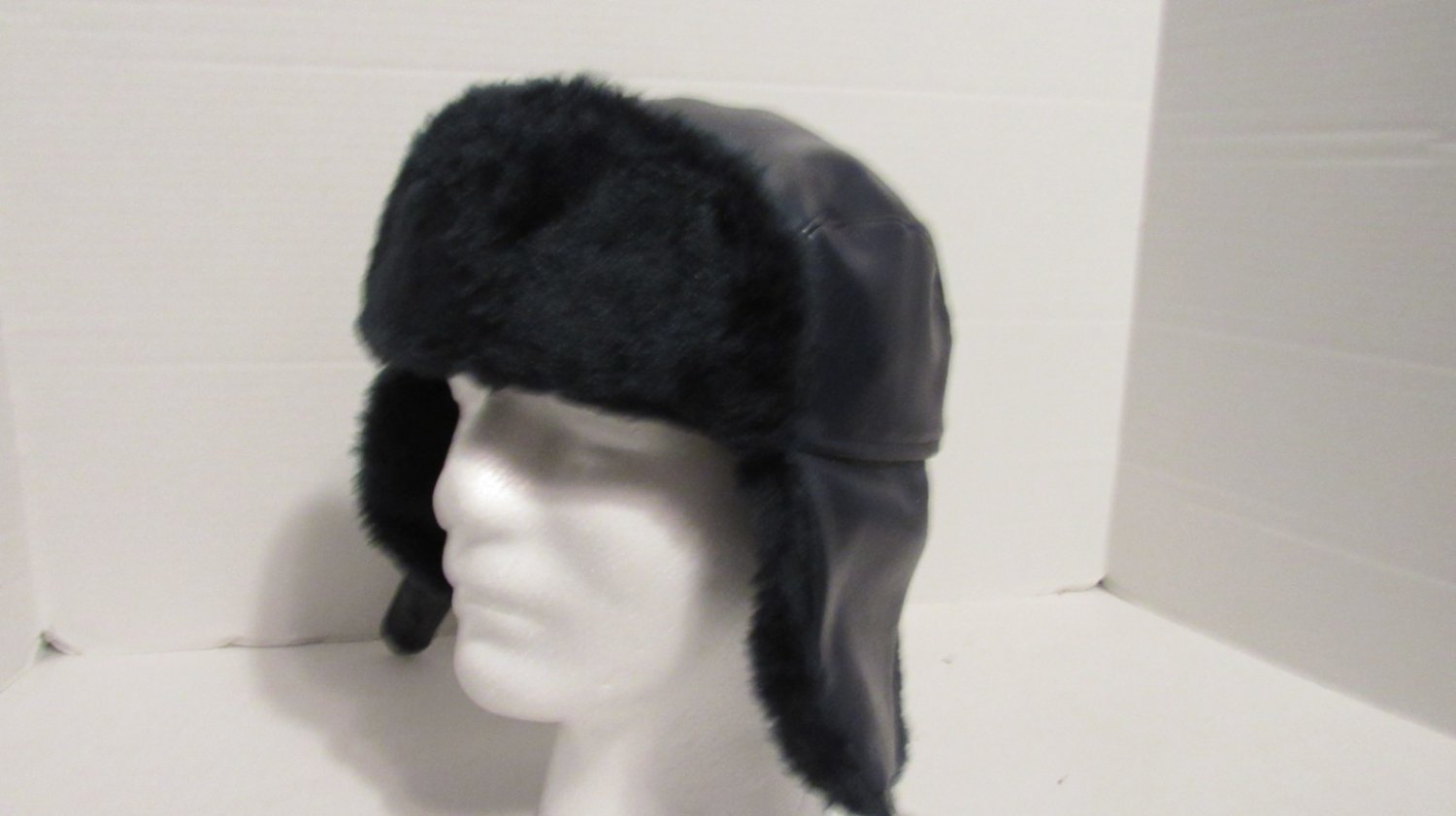 Blue Trapper Hat With Ear Flaps And Flip Up Bill Size Medium Faux Leather &Fur