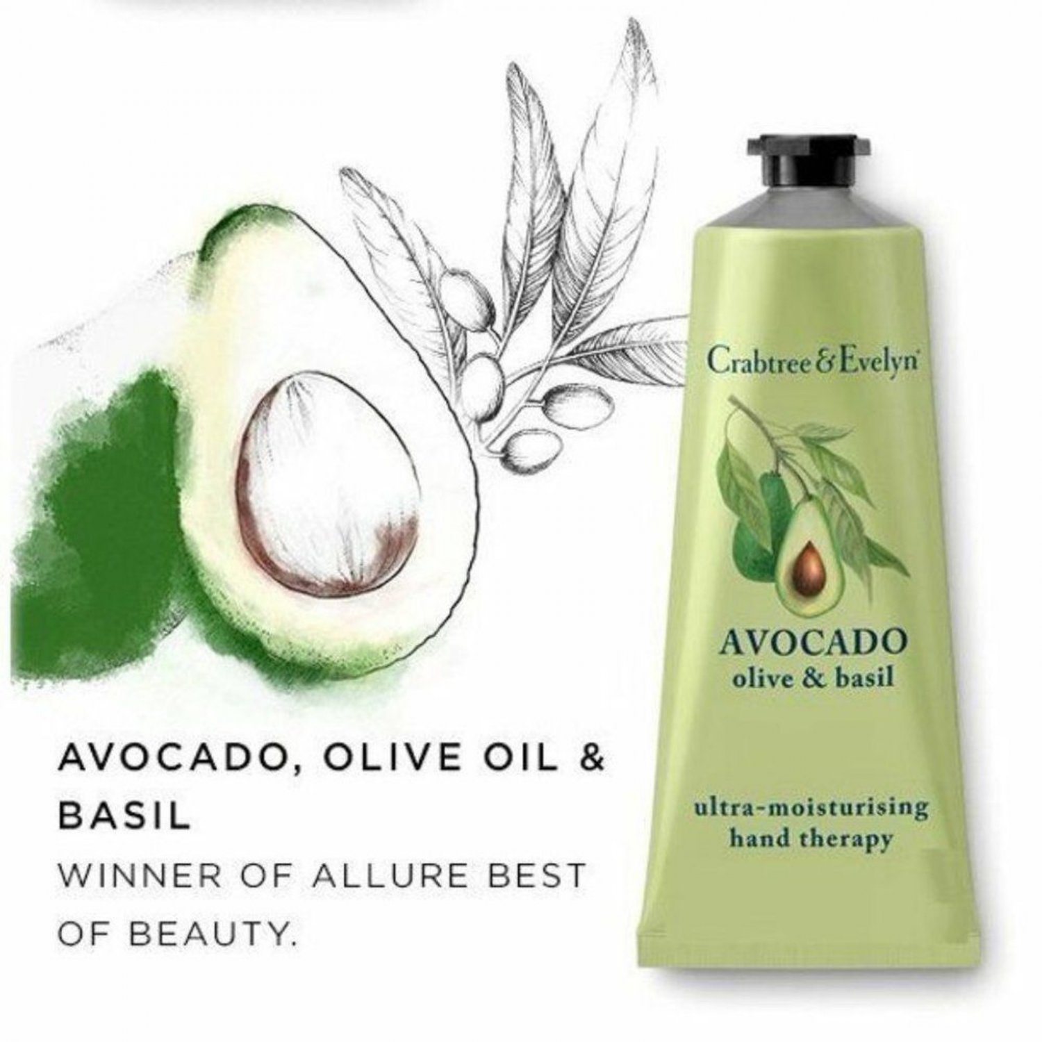 Crabtree & Evelyn Ultra-Moisturizing Hand Therapy, Avocado, Olive and Basil, 3.5