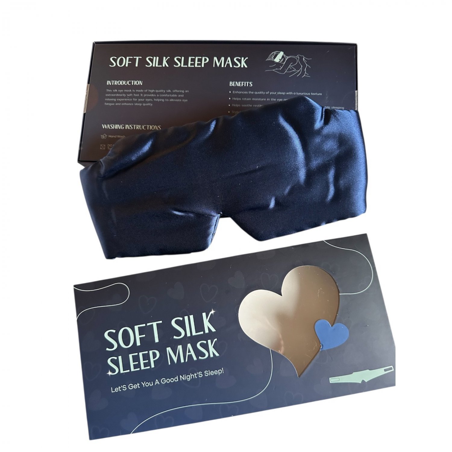 Pure Silk Sleep Mask, Navy Blue 100% Silk, Soft, Light-Blocking, Adjustable, 4X