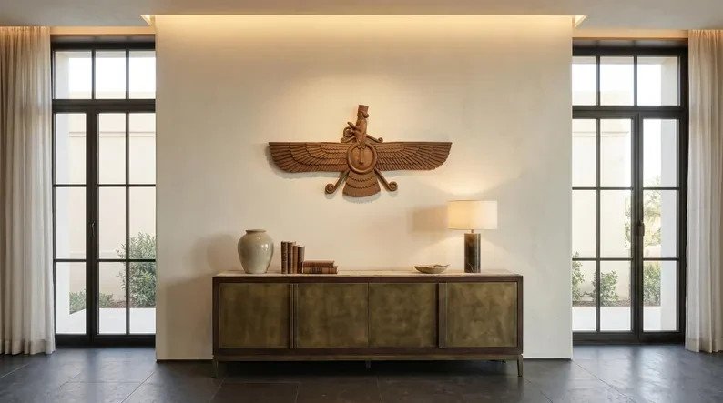 Ahura Mazda Wooden Wall Statue, Farvahar