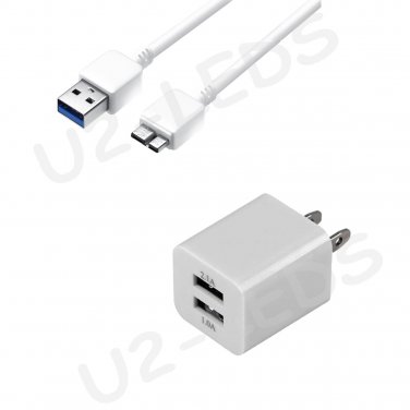 Dual USB Wall AC Home Charger + USB 3.0 Data Sync Cable for Samsung Note 3 Galaxy S5 N9000