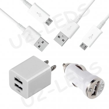 Dual Wall AC Home + Car Charger + 2 Micro-USB Data Sync Cable Samsung Note 2 Galaxy S4 S3