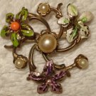 FREE SHIPPING Antique 1950s Colorful Flowers & Pearls Brooch