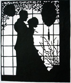 Silhouette Scherenschnitte (Paper Cut/Papercut) - Romance - Couple Hugging by the Window (RM0008)