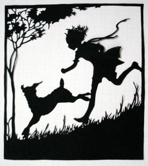 Silhouette Scherenschnitte (Paper Cut/Papercut) - Boy Running With His Dog (CH0002)