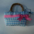 Blue Checked and Pink Ribbon with Bamboo Handle Purse