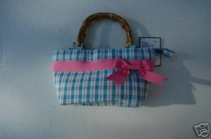 Blue Checked and Pink Ribbon with Bamboo Handle Purse