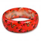 Orange-Red Painted Floral Print Wooden Bangle Bracelet ＊ Flowers & Green Leaves ＊ Just7even