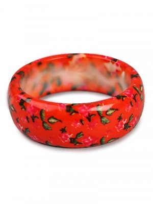Orange-Red Painted Floral Print Wooden Bangle Bracelet &iuml;&frac14;� Flowers & Green Leaves &iuml;&frac14;� Just7even