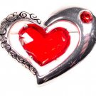 Etched Brushed Silver Brooch Big Red Gem Heart Jewelry ＊ Lovely Valentine's Day  ＊ Just7even