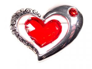 Etched Brushed Silver Brooch Big Red Gem Heart Jewelry &iuml;&frac14;� Lovely Valentine's Day  &iuml;&frac14;� Just7even