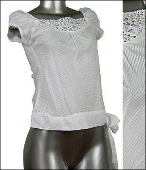 100% Cotton BEADED SQUARE NECK Top w BOW White sz Medium