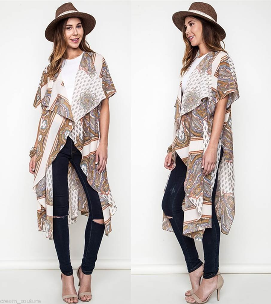 Beige Paisley Print Ruffled Duster Cardigan