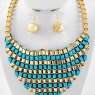 NEW Turquoise & Gold Graduating Necklace & Fish Hook Earring Set