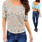 Misope Light Blue Revealing Back Floral Top S NEW MSRP $27