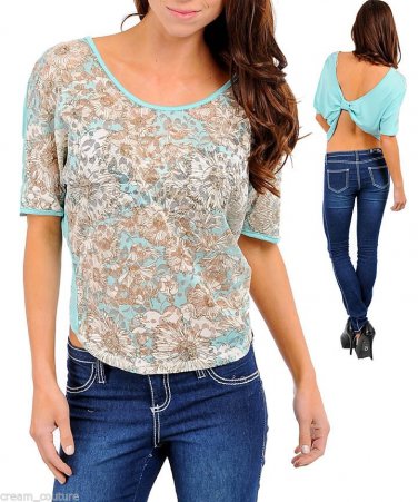Misope Light Blue Revealing Back Floral Top S NEW MSRP $27