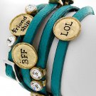 NEW Teal Leather Wrap Style BFF LOL Friendship Charm Bracelet NEW Teal Leather Wrap Style BFF LOL Friendship Charm Bracelet