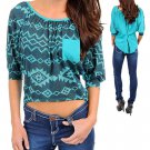 Misope Teal Aztec Print Hi-Low Crop Top S M L NEW MSRP $27