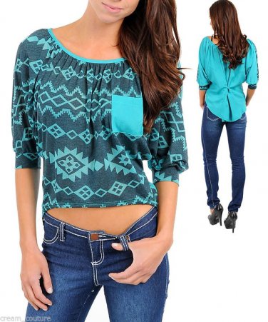Misope Teal Aztec Print Hi-Low Crop Top S M L NEW MSRP $27