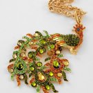 NEW Gold Tone Topaz & Olivine Rhinestone Long Peacock Pendant Necklace