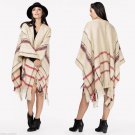LOVE STITCH Vanilla Plaid "Nottingham Poncho" Fringed Soft Woven Sweater NEW O/S
