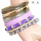 NEW Set of 10 Bangles Bracelets Purple & Gold Faux Pearl, Rhinestone, Bamboo