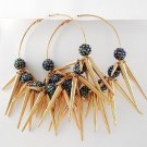 NEW CHUNKY HUGE Spikes & Meridian Blue Resin Pave Balls 3 1/2" Hoop Earrings